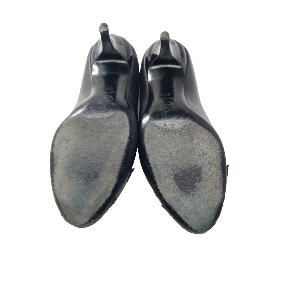 Chanel Black Leather~Satin Cap Toe CC Bows Pumps Sz 35.5 Shoes Sculptural Heels - Picture 10 of 11